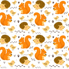 Seamless Autumn Pattern with Cute Forest Animals – Squirrel, Hedgehog, Bird, Pumpkin and Acorn