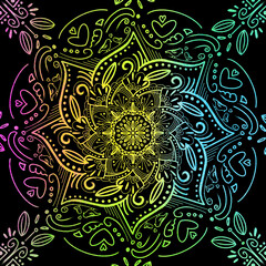 Colorful Gradient Mandala on Black Background – Decorative Boho Line Art Design