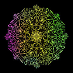 Colorful Gradient Mandala on Black Background – Decorative Boho Line Art Design