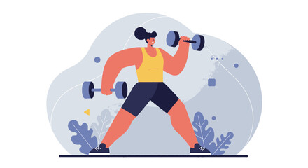 A sporty woman in a yellow tank top lifts dumbbells in a flat design illustration, suitable for a fitness landing page or web banner, promoting health and wellness.