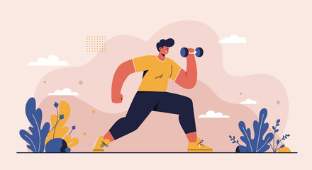 Modern flat design illustration of a man doing bicep curls with dumbbells for a healthy lifestyle and fitness marketing campaign.