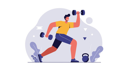 A dynamic flat design illustration showcases an athletic man in sportswear, engaged in a workout routine, suitable for fitness and wellness website banners or marketing materials.