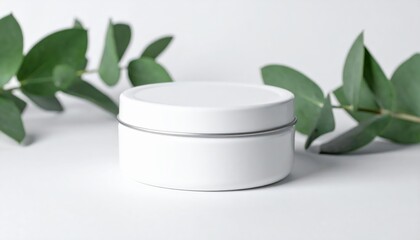 White Matte Circular Tin Jar Mockup with Greenery
