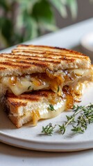 Golden Toasted Sourdough Panini with Melted Aged Cheddar and Caramelized Onions on a White Plate