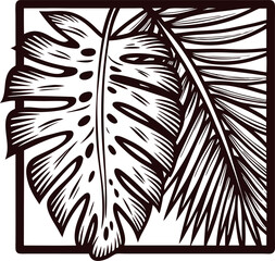 Obraz premium Hand drawn tropical palm and monstera leaves illustration in decorative square frame, bold black linework