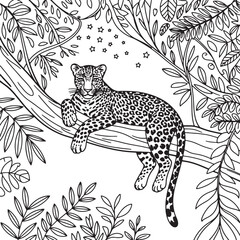 Leopard on Tree Coloring Page – Jungle Wildlife Line Art for Kids and Adults