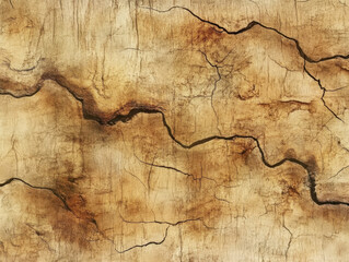 Close-up of aged cracked textured surface with irregular dark lines and weathered earthy tones