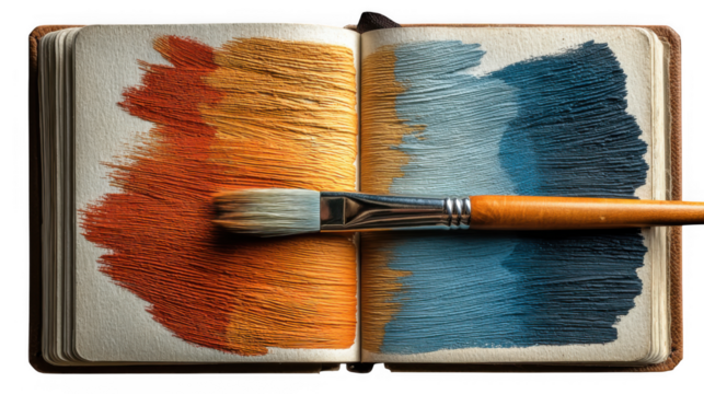A paintbrush lies on an open book showcasing orange and blue paint strokes isolated on transparent background - Powered by Adobe
