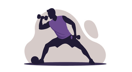 Obraz premium A dynamic flat design illustration showcases an athletic man in sportswear, engaged in a workout routine, suitable for fitness and wellness website banners or marketing materials.