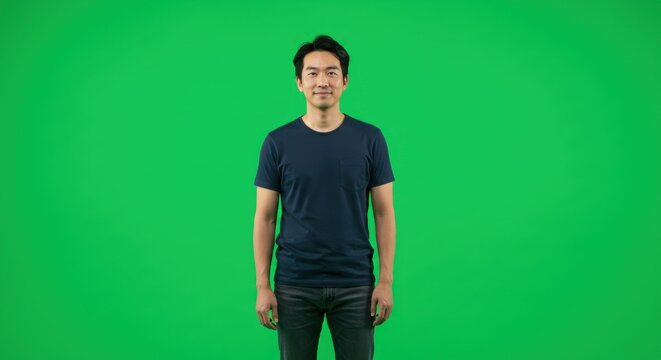 Man standing against green screen - Powered by Adobe