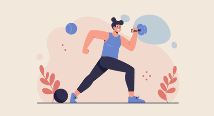 A dynamic flat design illustration showcases an athletic man in sportswear, engaged in a workout routine, suitable for fitness and wellness website banners or marketing materials.