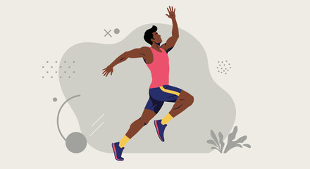 A dynamic flat design illustration showcases an athletic man in sportswear, engaged in a workout routine, suitable for fitness and wellness website banners or marketing materials.