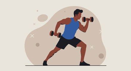 A dynamic flat design illustration showcases an athletic man in sportswear, engaged in a workout routine, suitable for fitness and wellness website banners or marketing materials.