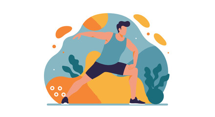 A dynamic flat design illustration showcases an athletic man in sportswear, engaged in a workout routine, suitable for fitness and wellness website banners or marketing materials.
