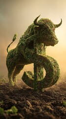 Fototapeta premium Emerging Prosperity: A Verdant Bull Rises from the Soil of Wealth Under a Golden Dawn