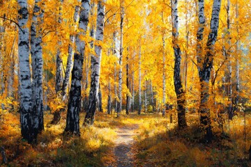 Birch trees with yellow leaves line a path in an autumn forest