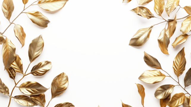 Gold leaves arranged delicately on a transparent background create an elegant and stylish decorative border for artistic use