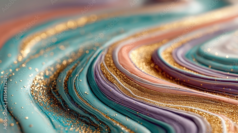 Poster Swirls of Elegance: An artistic display of vibrant colors, flowing in fluid patterns, complemented by shimmering gold, create a mesmerizing and luxurious visual experience. 