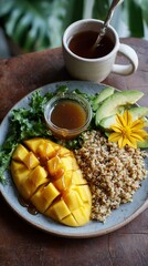 A vibrant plant-based breakfast with fluffy quinoa, fresh mango slices, and a sweet maple syrup drizzle
