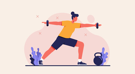 A dynamic flat design illustration showcases an athletic man in sportswear, engaged in a workout routine, suitable for fitness and wellness website banners or marketing materials.