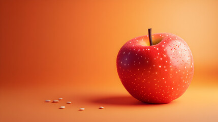 A fresh red apple with a textured surface presented on a vibrant orange gradient background with seed accents