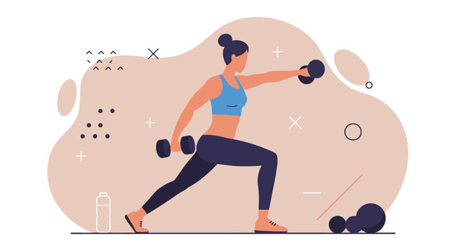 A dynamic flat design illustration showcases an athletic man in sportswear, engaged in a workout routine, suitable for fitness and wellness website banners or marketing materials.