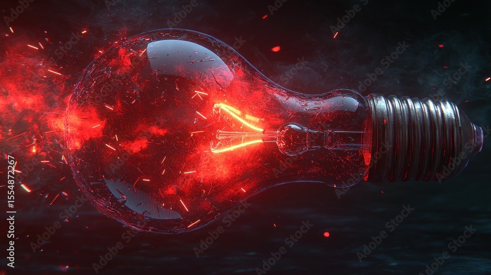 Poster lit bulb explodes in red energy; dynamic dark art
