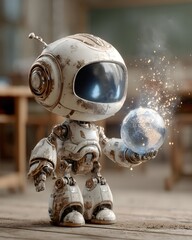 Fototapeta premium Futuristic humanoid robot gently holding a glowing Earth-like globe emitting magical particles. Concept of technology, global connection, and artificial intelligence.