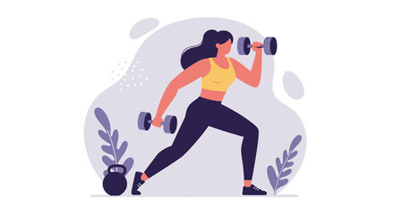 A young woman is doing a fitness workout with dumbbells, showcasing a healthy lifestyle and physical activity in a minimalist illustration style.