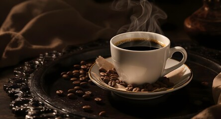 Aromatic steam rising from a freshly brewed cup of coffee served on a rustic decorative tray