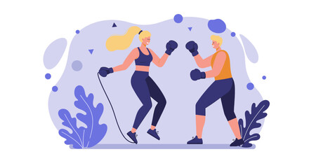 A dynamic flat design illustration showcases an athletic man in sportswear, engaged in a workout routine, suitable for fitness and wellness website banners or marketing materials.