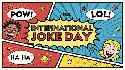 International joke day celebration with diverse kids laughing and comic book style text
