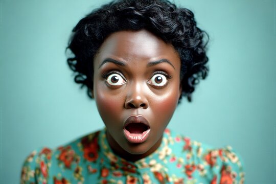 Pretty very amazed black girl - for ads, banner and web marketing use. Commercial marketing visual idea. Short hairdo - curly hair. Black woman fashion inspiration. Short hair portrait.