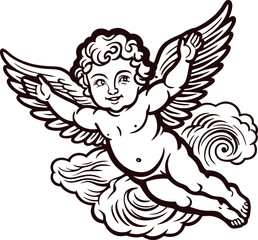 Naklejka premium Classic cherub flying with spread wings above swirling clouds, vintage engraved illustration