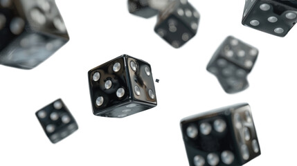 Falling black dice with white dots creating an exciting moment in a game