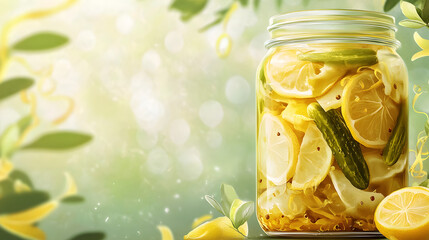 A jar of preserved lemon and pickle slices with herbs and bokeh light in a bright refreshing food illustration