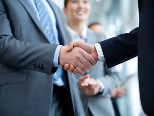 Business professionals shake hands during a meeting, representing partnership, success, and deal making in a corporate setting.