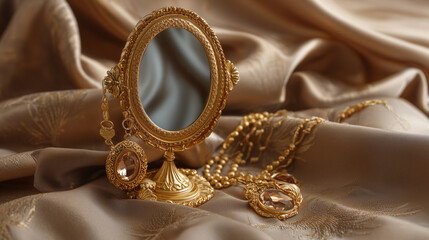 Stylish golden bijouterie and mirror on light brown fabric, closeup -