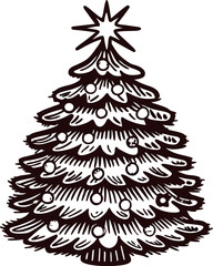 Hand drawn christmas tree with ornaments and star, vintage engraving illustration in monochrome