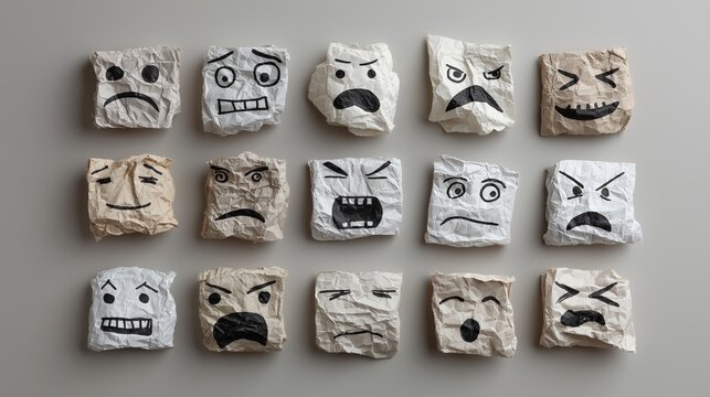 Crumpled Emotion Faces: Fifteen paper face display range of human emotions, from happiness to sadness, on crumpled pieces of paper with unique expressions.
