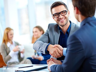 Smiling businessman seals a deal with a handshake during a meeting, colleagues in the background