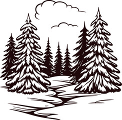 Snow covered pine trees forest with winding path and cloud outline, monochrome vintage illustration