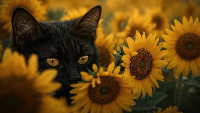 Schwarze Katze im Sonnenblumenfeld &ndash; Magisches Farbspiel