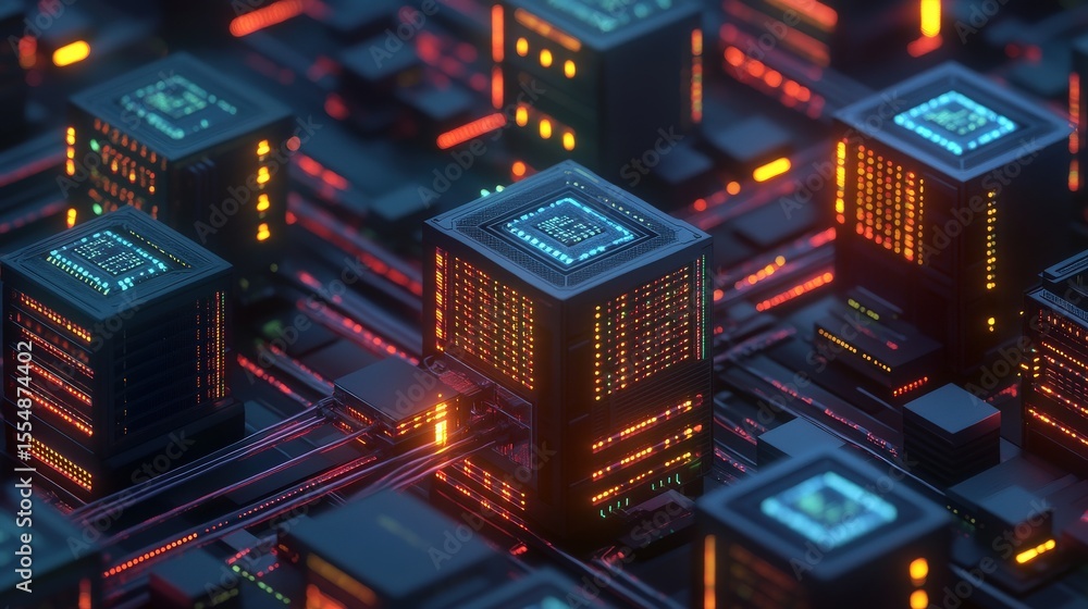 Poster a digital futuristic server farm with multiple processing cubes