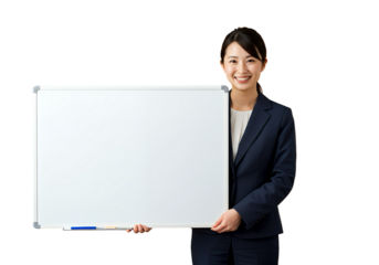 Businesswoman holding a blank whiteboard and smiling, isolated 