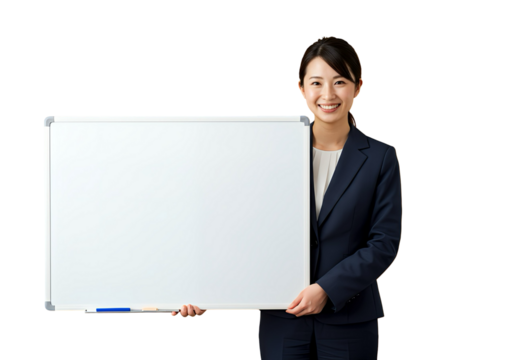 Businesswoman holding a blank whiteboard and smiling, isolated 