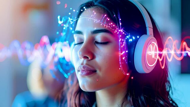 Hispanic woman with headphones engaged in subconscious learning glowing neural waveforms flow through his mind, illustrating brainwave synchronization with immersive auditory technology.