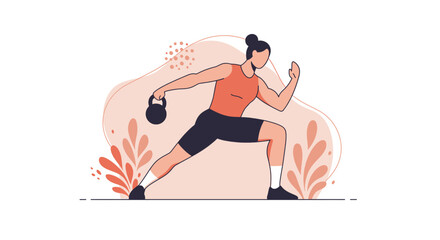 Flat design illustration of a young athletic woman performing a kettlebell lunge exercise, ideal for fitness websites, blogs, and marketing materials promoting healthy lifestyles and workout routines.