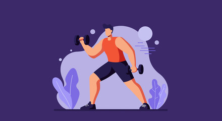 A strong man is doing weightlifting in a flat design style, perfect for fitness websites, gym banners, and sports marketing presentations.