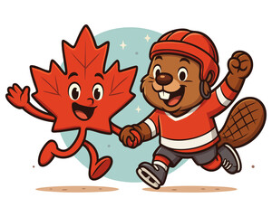Maple leaf and beaver’s joyful leap. Teamwork, friendship cartoon illustration. Ice hockey win player and autumn leaf characters celebrates victory. Canadian national traditional symbols